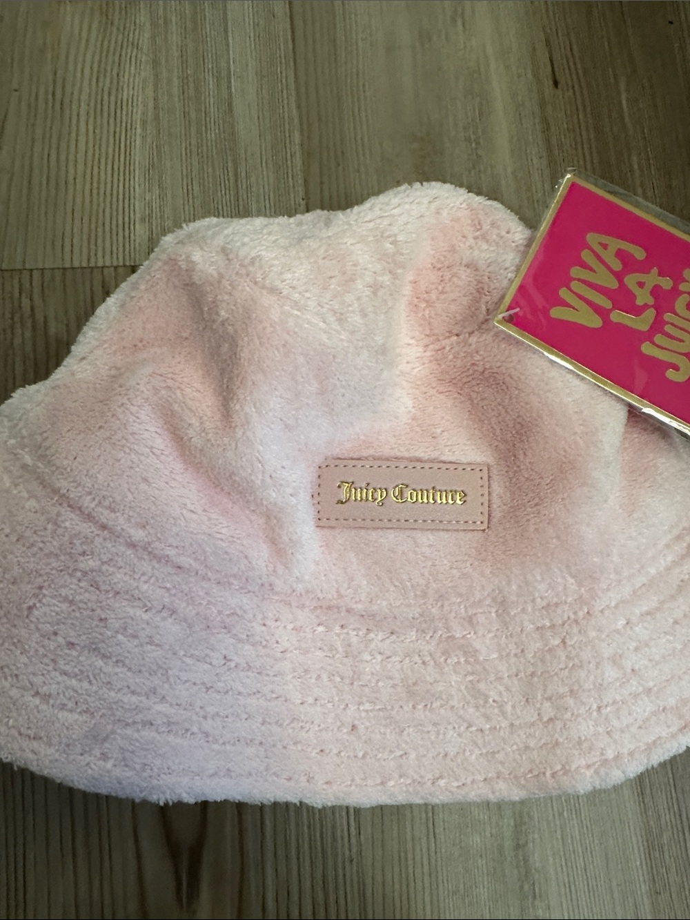Juicy Couture Pink Terry Bucket Hat with Gold Logo Plaque